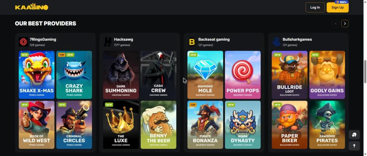 Overzicht van providers zoals Hacksaw Gaming en Backseat Gaming met hun slots