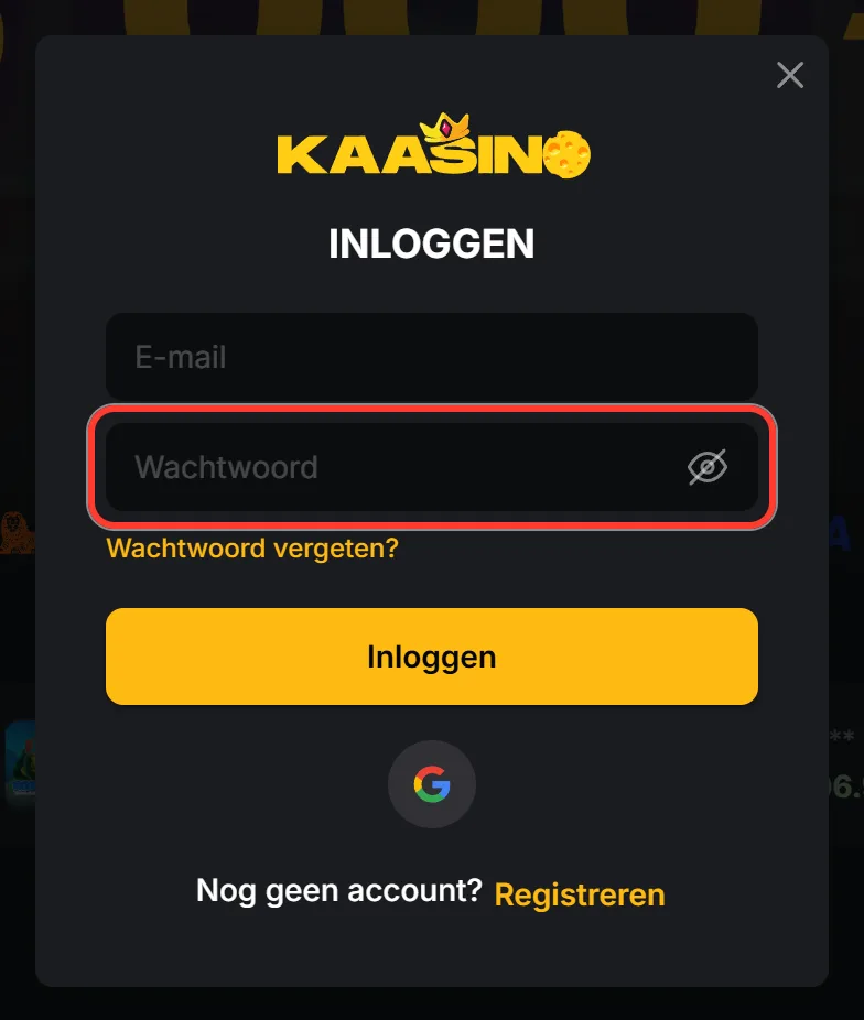 Inlogvenster met het wachtwoordveld en oogje gemarkeerd
