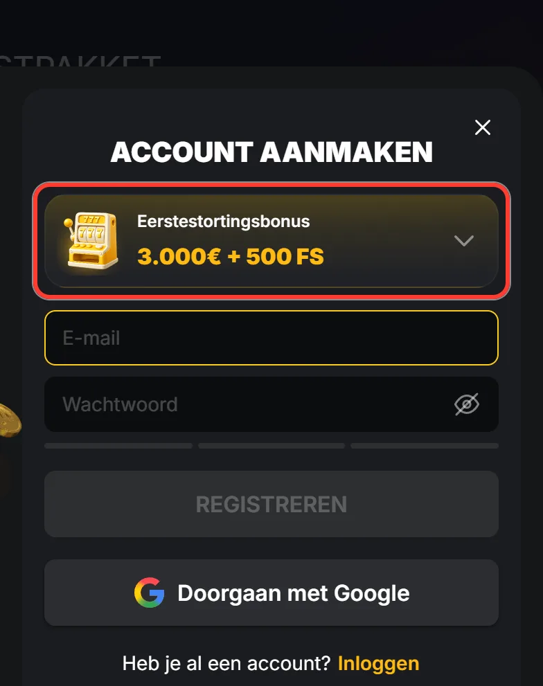 Keuzemenu voor de welkomstbonus bovenaan het registratievenster