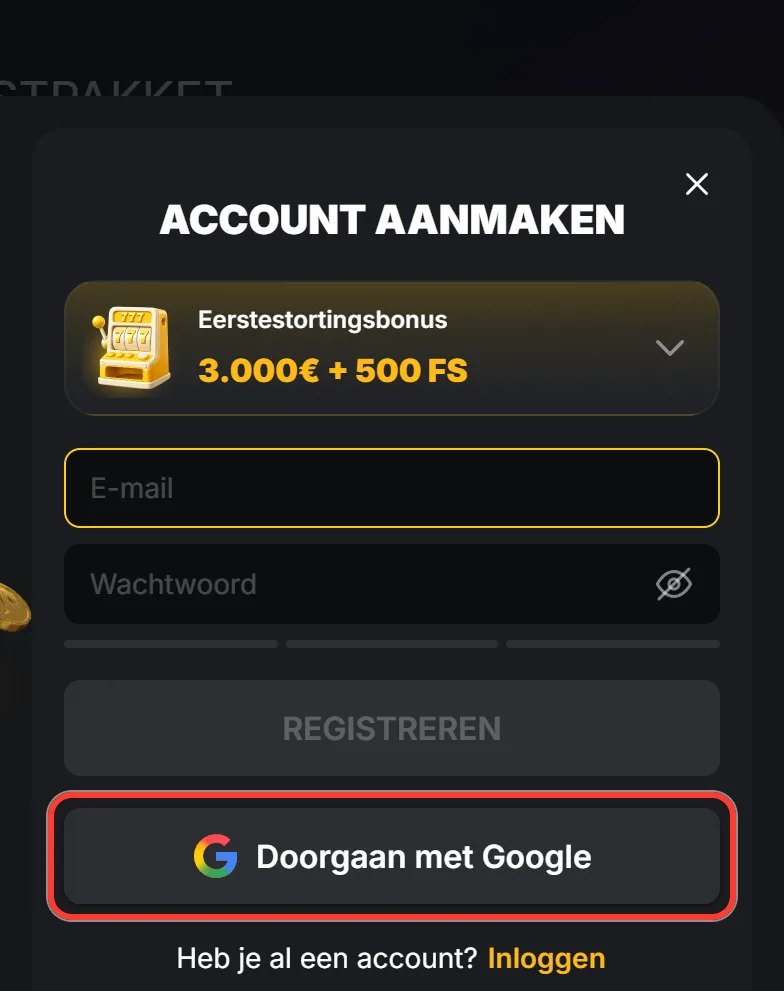 Knop Doorgaan met Google in het registratievenster