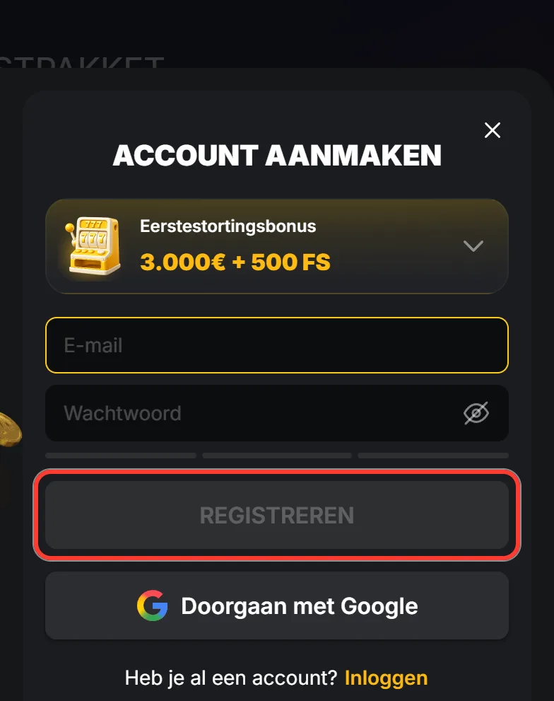 Knop Registreren die actief wordt na het invullen van de velden
