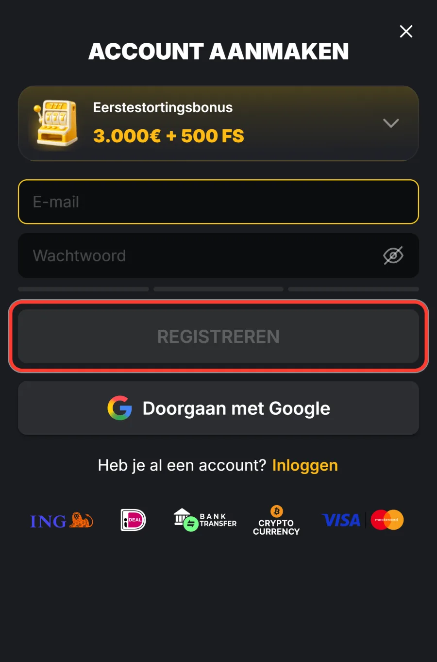 Knop Registreren onderaan het mobiele formulier