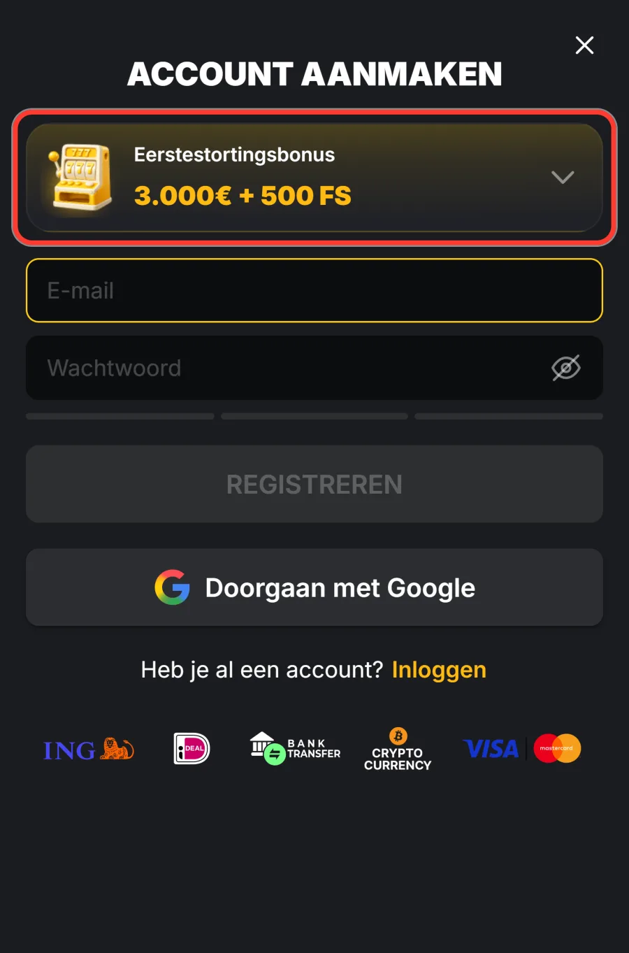 Bonuskeuze in het mobiele registratiescherm