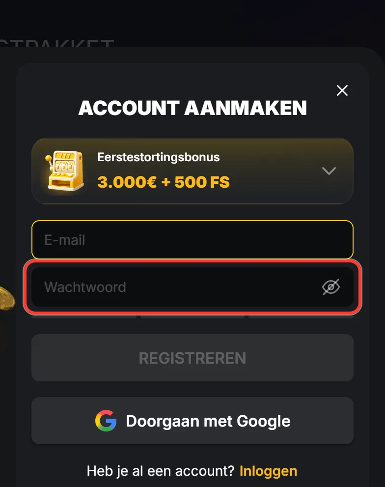Registratievenster met het veld voor een nieuw wachtwoord